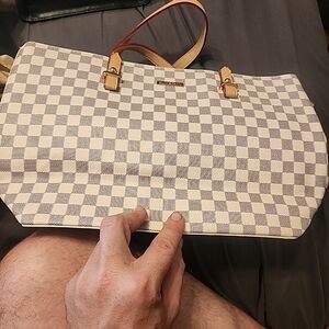 Ivory Checkered Tote Crossbody Bag with Tan Handles